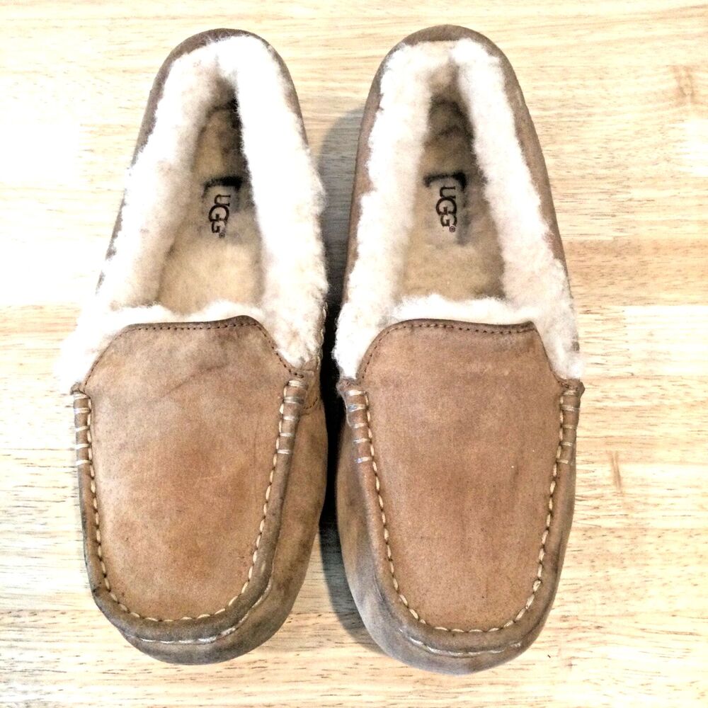 UGG Ansley Tan Suede Sheepskin Slippers Sz 10 Fits Like 9